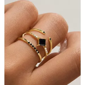 NEW Women's‎ Dainty 14k Gold Plated S925 Black Melee Diamond Ring Size 5.5 thumbnail 7