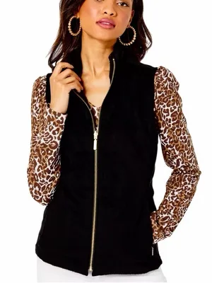 NWT Lilly Pulitzer Skyden Reversible Vest Black Soft Suede and Plush Sherpa thumbnail 1