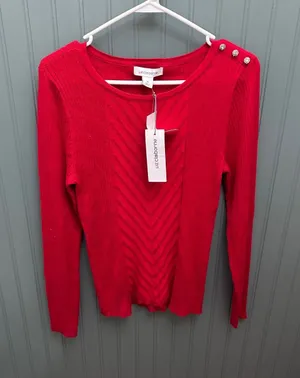 Liz‎ Claiborne Red Ribbed Knit Sweater Sparkle Button Detail Long Sleeve Women M thumbnail 1
