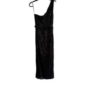 Grace Karin Black Sequin One Shoulder Maxi Dress Ruched Formal Gown Size L thumbnail 10