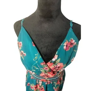 Xhilaration Women XL Teal Green‎ Floral Surplice Smocked Mini Sleeveless Dress thumbnail 5