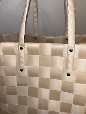 Woven Tote Bag in Cream Checkered thumbnail 3