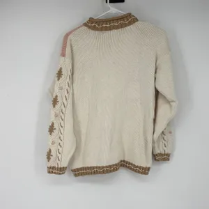 Vintage Floral Embroidered Cable Knit Sweater Cream‎ Pink Small Cottage thumbnail 2