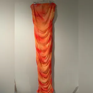 PrettyLittleThing Orange Floral Mesh Bandeau Ruched maxi dress size 2 thumbnail 3