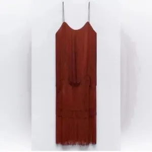 Zara Brown/Plum Sleeveless Fringe Midi Dress (Size Small) thumbnail 4