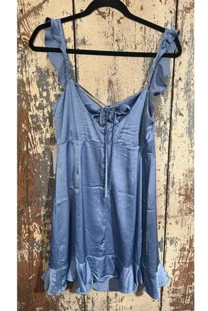 NWT ASTR The Label SKY BLUE Satin MARLA Flutter Sleeve BUST TIE Mini DRESS L thumbnail 5