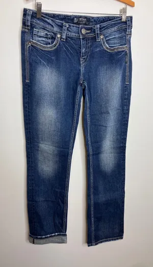 Silver Jeans Aiko Straight Leg Womens 29 Dark Wash Good Stretch Denim Distressed thumbnail 1