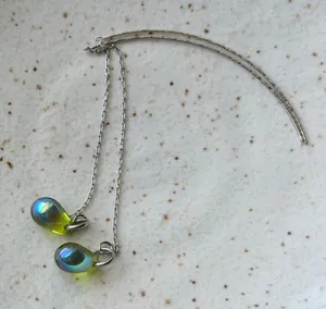 Handmade aurora olive green mini teardrop Czech glass simple minimalist thread earrings💚🫒 thumbnail 1