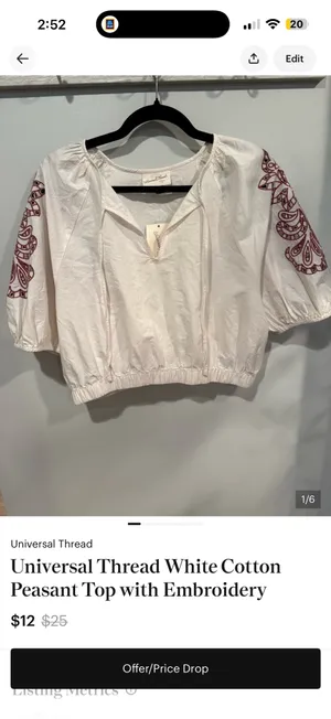 Universal Threads White Cotton Cropped Top with Embroidery size Large thumbnail 2