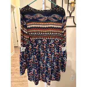 Entro Navy Blue Boho Floral Paisley Bell Sleeve Lace Accent Tunic Top Dress L thumbnail 6