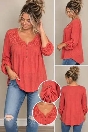 Gloria Vanderbilt Zuri Roll Up Sleeve Blouse Size L Coral Pink Crochet thumbnail 2