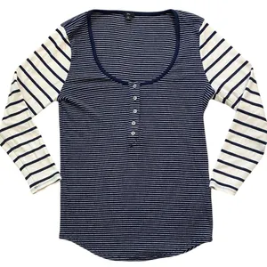 J. Crew Navy and White Striped Scoop Neck Ribbed Long Sleeve Henley thumbnail 7