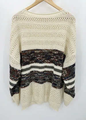 Chicsoul‎ Womens 2X Cream Brown Striped Knit Pullover Sweater Chunky Cozy Casual thumbnail 1