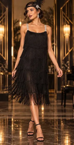 Black Flapper Fringe Dress Sz S Silver straps Party Gatsby Roaring 20s Tiered thumbnail 1