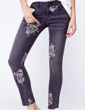 EUC Free People Dark Grey Floral Skinny Jeans thumbnail 1