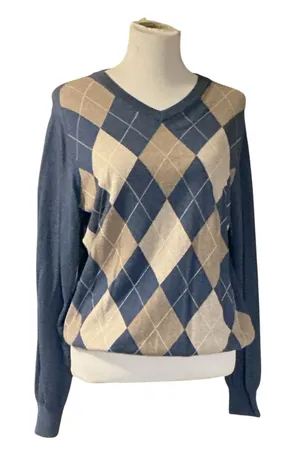 Croft & Barrow Men’s V-Neck Argyle Knit Sweater Blue Tan Size M thumbnail 1