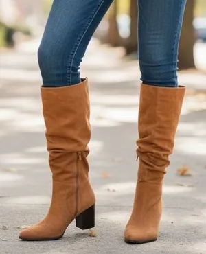 Tan Faux Suede Slouchy Pointed Toe Block Heel Tall Boots Size 10 thumbnail 1