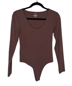 nuuds Long Sleeve Scoop Neck Bodysuit‎ Women S Brown Excellent Thong Snap Base thumbnail 1