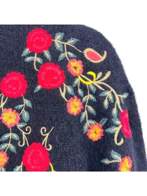 Sézane La Maille Black Sweater Floral Embroidery Size XS Cottage Folk Nouveau thumbnail 4