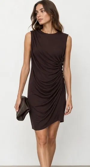 Zara Chocolate Brown Ruched Draped Sleeveless Bodycon Mini Dress Size L thumbnail 1