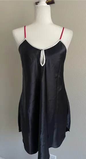Vintage Victoria's Secret Black Satin Chemise with Pink Straps and White Trim thumbnail 1