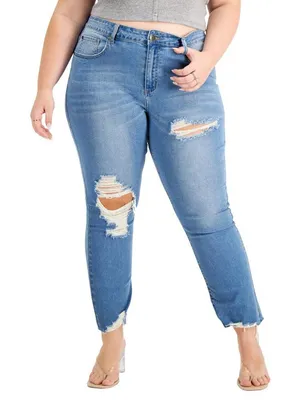 NWT Gogo Jeans Distressed Frayed Straight-Leg Jeans Medium White Wash Blue 20W thumbnail 1