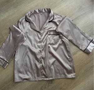 Blush Pink Satin Pajama Set with Black Piping — L thumbnail 1
