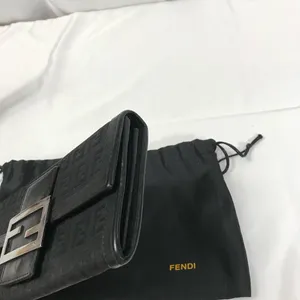 Fendi Zucchino Vintage Black Logo Flap Wallet Clutch with Silver Buckle EUC thumbnail 5