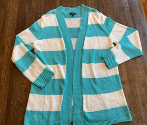 Talbots Linen Open Front Stripe Cardigan Teal/White Classic- MP (medium petite) thumbnail 1
