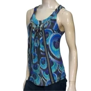Anthropologie One September Women’s Size M Turquoise Peacock Print Tank Top thumbnail 2