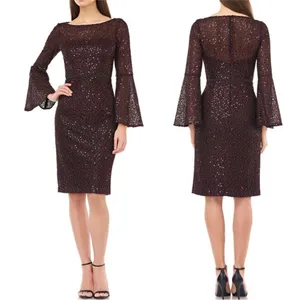 Carmen Marc Valvo Infusion 6 Red Black‎ Sequin Lace Bell Sleeve Dress NWT thumbnail 10