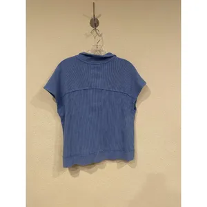 Sunnyside By Sundry Shirt Womens Medium Blue Waffle Knit Half Zip Cap Sleeve Top thumbnail 4