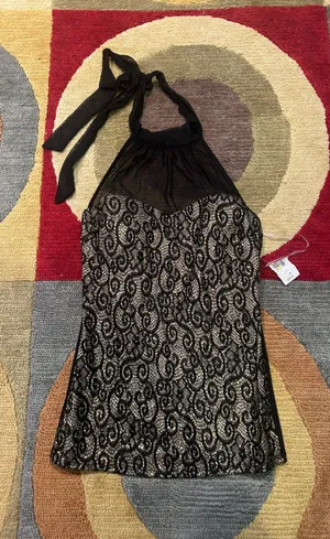 NWT Janice Black Gold Metallic Y2K Style Halter Top Padded Size Medium thumbnail 1