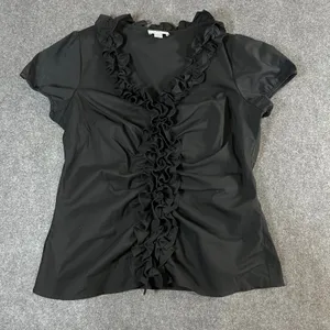 Ann Taylor LOFT Black Ruffle V-Neck Short Sleeve Blouse Top Size 14 thumbnail 1
