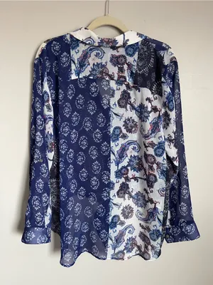CHICO'S | Mixed Print Patchwork Semi-Sheer Button-Down Tie Front Blouse Sz XL thumbnail 6