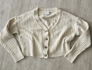 Women’s Cream Button Front Cropped Cardigan Sweater Top Preppy Soft Crop Size thumbnail 1