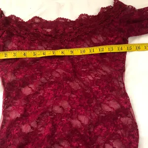 Burgundy red off shoulder sheer lace scallop hem mini dress long sleeves#whimsygoth #gothic-M/L Measurement in pics thumbnail 4