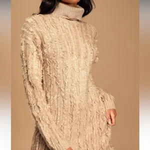 Lulus Snuggle Up To You Beige Turtleneck Knit Sweater Dress thumbnail 3