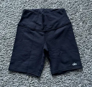 ALO Yoga Black Performance Biker Shorts with Subtle Logo thumbnail 1