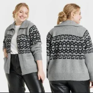 Universal Thread Geometric Zip Cardigan Sweater Heather Gray Black L thumbnail 2