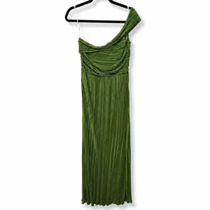 NEW Lulus Poised Performance Olive Green Plisse One-Shoulder Maxi Dress Large thumbnail 7