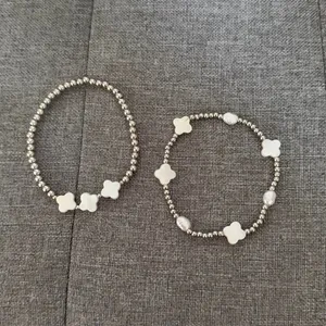 set of 2 silver beaded string bracelets white mother of pearl four leaf clovers thumbnail 3