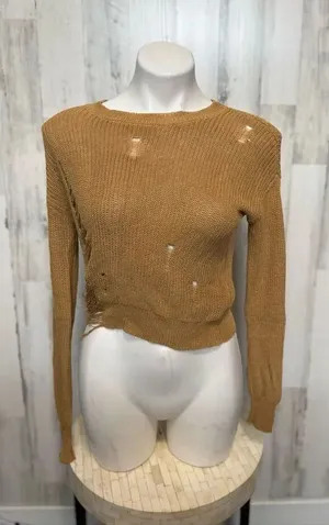 Windsor Mustard Brown Knit Sweater Size M Distressed Hole Detail Long Sleeve thumbnail 1