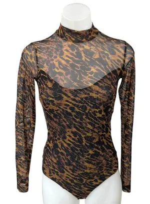AllSaints Ambient Elia Leopard Animal Print Mesh Long Sleeve Bodysuit Top Size S thumbnail 1