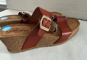 NEW Yokono Spain Brown Leather Cork Wedge Sandals Shoes w/Buckle - Size 7.5 thumbnail 1