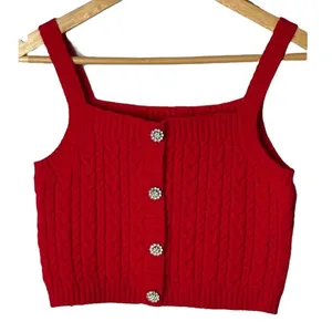 Papaya Red Cable‎ Knit Crop Tank Top Small Rhinestone Accents Camisole Y2K thumbnail 3