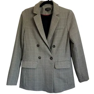 Topshop Sz 2 Oversized Double‎ Breasted Checkered Houndstooth Blazer Black White thumbnail 1