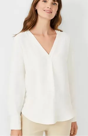 Ann Taylor Ivory V-Neck Long Sleeve Blouse Career Office Top Size Medium thumbnail 1