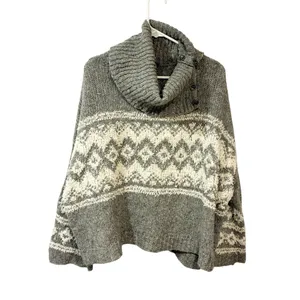 Free People Fairisle Split‎ Neck Wool Blend Sweater Gray Ivory Size Medium thumbnail 2