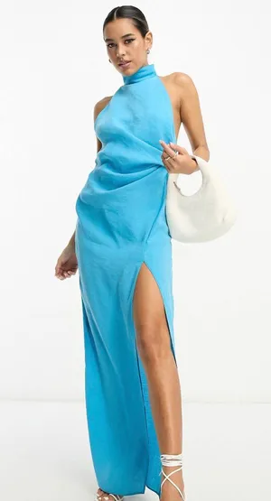 ASOS NWT DESIGN washed halterneck maxi dress with twist strap back detail in turquoise thumbnail 1